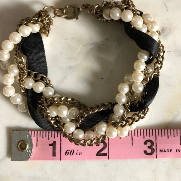 Synthetic Pearl Chain & Ribbon Twist Bracelet - Picture 3 of 5